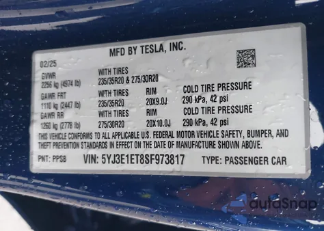 2025 Tesla Model 3 Performance from USA, damaged, VIN 5YJ3E1ET8SF973817